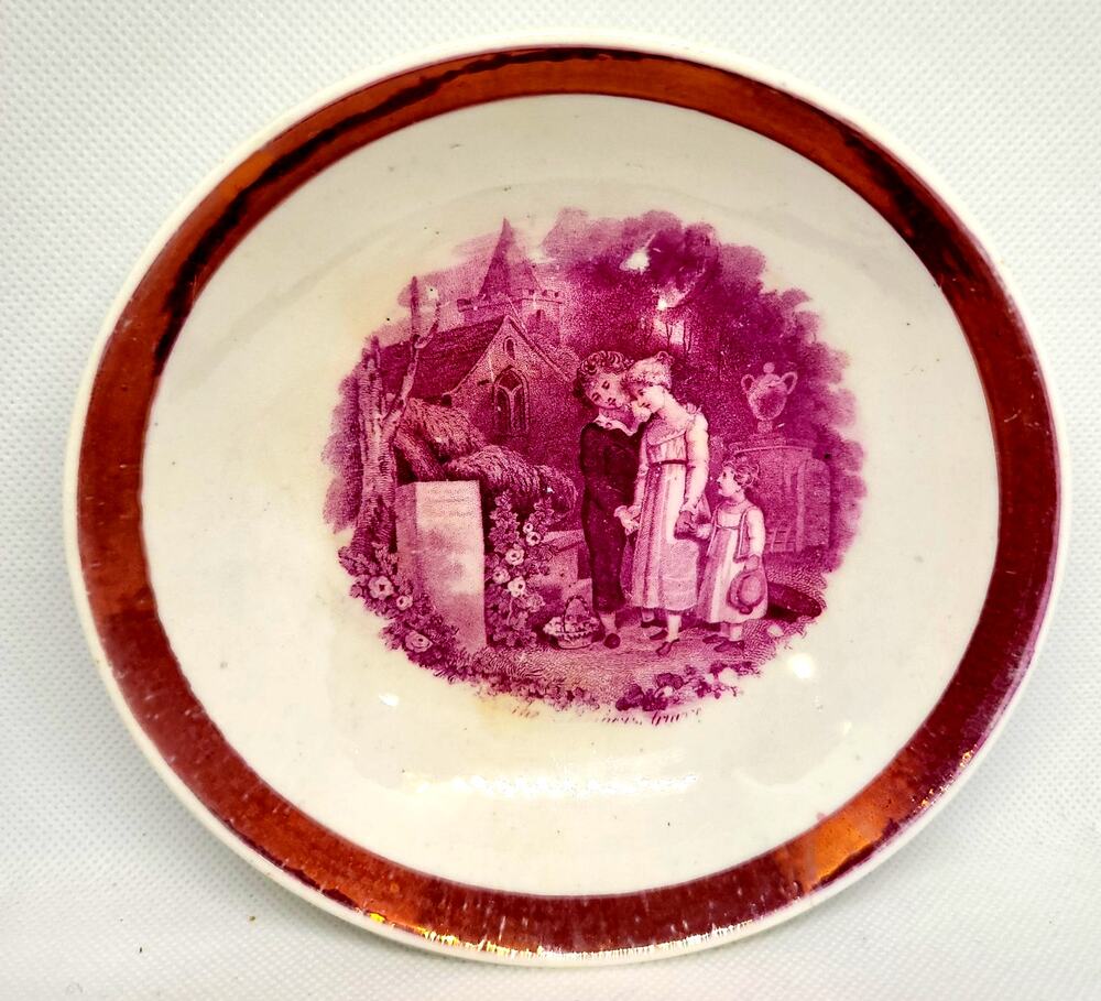 Antique Porcelain Bowl Pink Luster Ware 1800's "The Mother's Grave" Unmarked